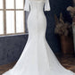 White Appliques Jewel Half Sleeve Mermaid Wedding Dress Long