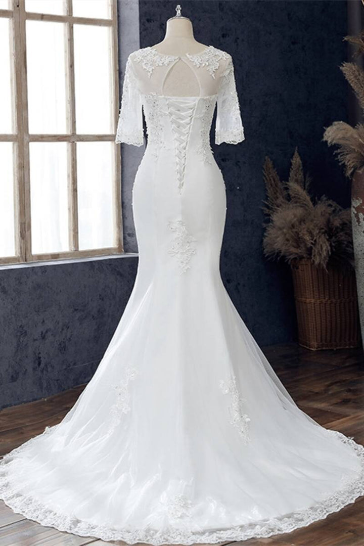 White Appliques Jewel Half Sleeve Mermaid Wedding Dress Long