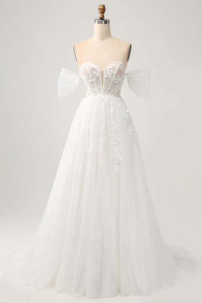 Princess White A-Line Off The Shoulder Corset Wedding Dress with Appliques Lace Sexy