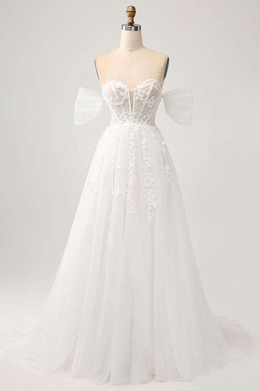 Princess White A-Line Off The Shoulder Corset Wedding Dress with Appliques Lace Sexy
