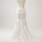 White Mermaid Off The Shoulder Corset Sequin Wedding Dress with Appliques Lace Long