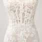 White Mermaid Off The Shoulder Corset Sequin Wedding Dress with Appliques Lace Long