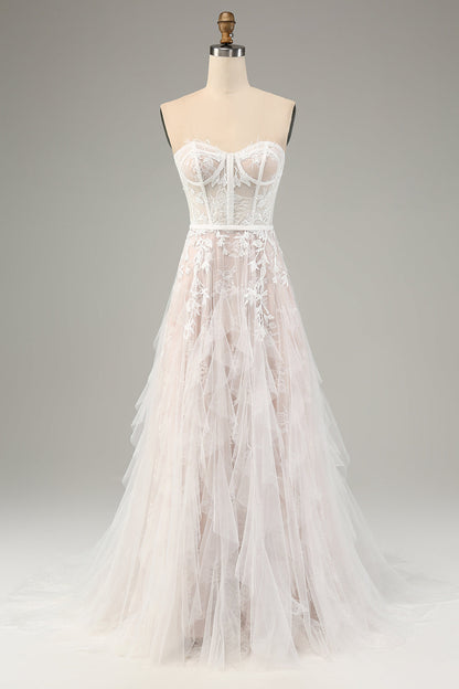 A-Line Sweetheart Corset Long White Wedding Dress with Appliques Lace Off Shoulder