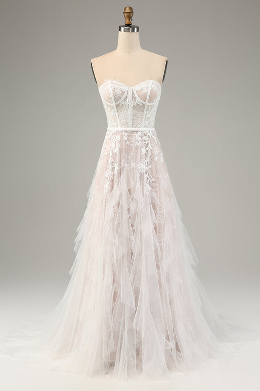 A-Line Sweetheart Corset Long White Wedding Dress with Appliques Lace Off Shoulder