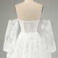 White A Line Off The Shoulder Corset Appliques Lace Wedding Dress with Long Sleeves Sexy