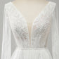 White A Line V Neck Long Sleeves Beach Boho Bridal Dress with Lace Appliqued Sexy