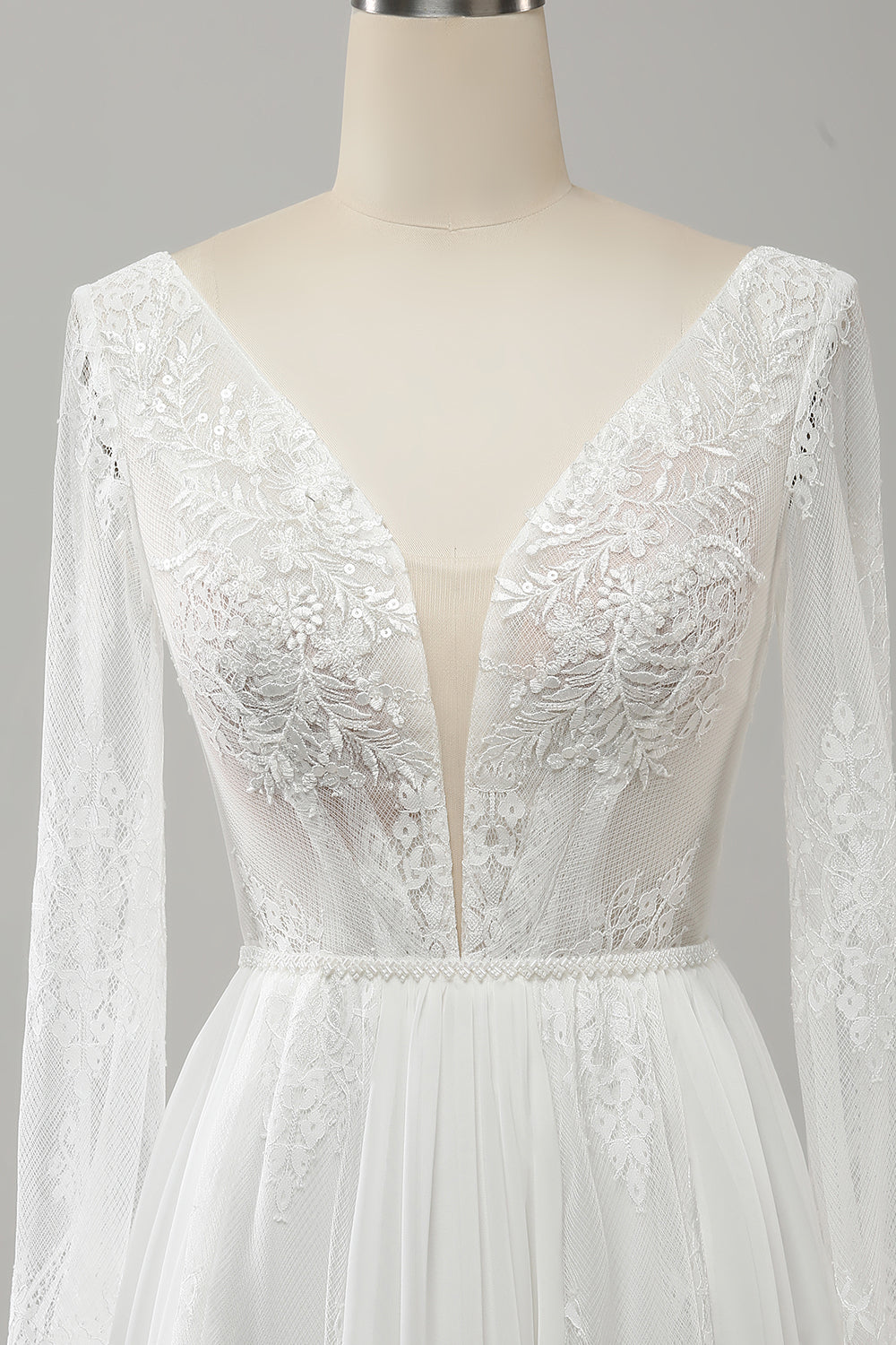 White A Line V Neck Long Sleeves Beach Boho Bridal Dress with Lace Appliqued Sexy