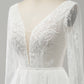 White A Line V Neck Long Sleeves Beach Boho Bridal Dress with Lace Appliqued Sexy