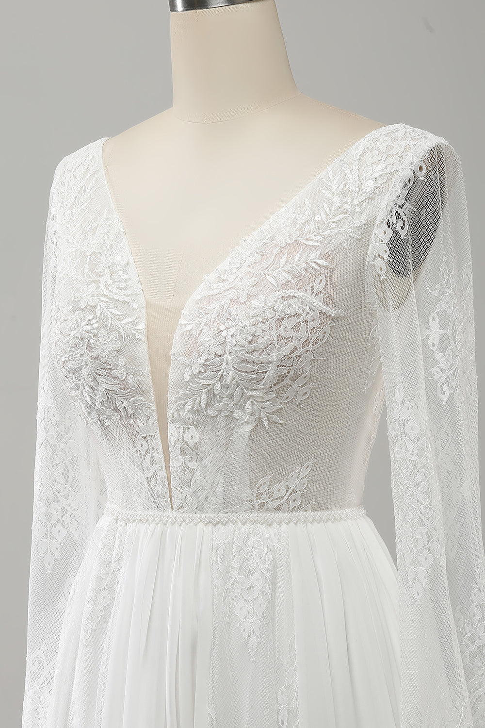 White A Line V Neck Long Sleeves Beach Boho Bridal Dress with Lace Appliqued Sexy