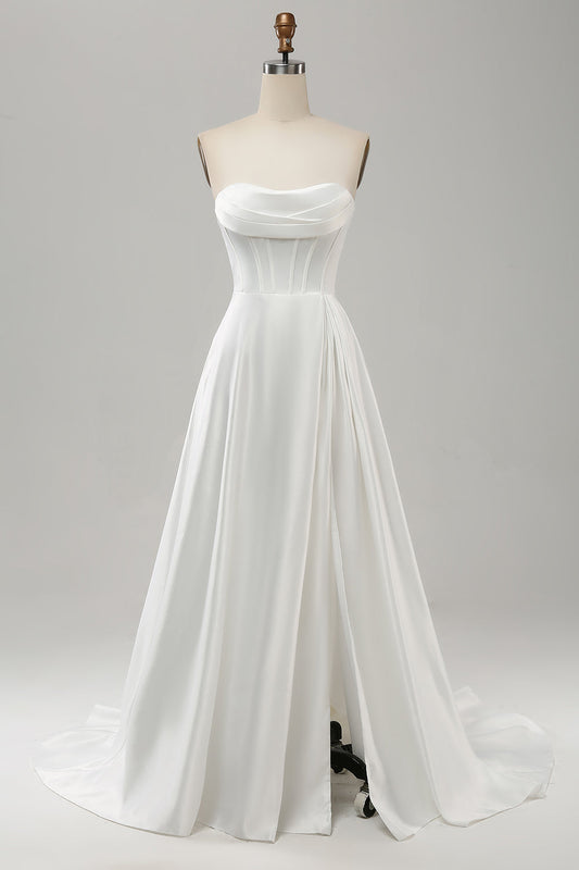 Elegant White A Line Strapless Pleated Sweep Train Corset Wedding Dress With Split Off Shoulder