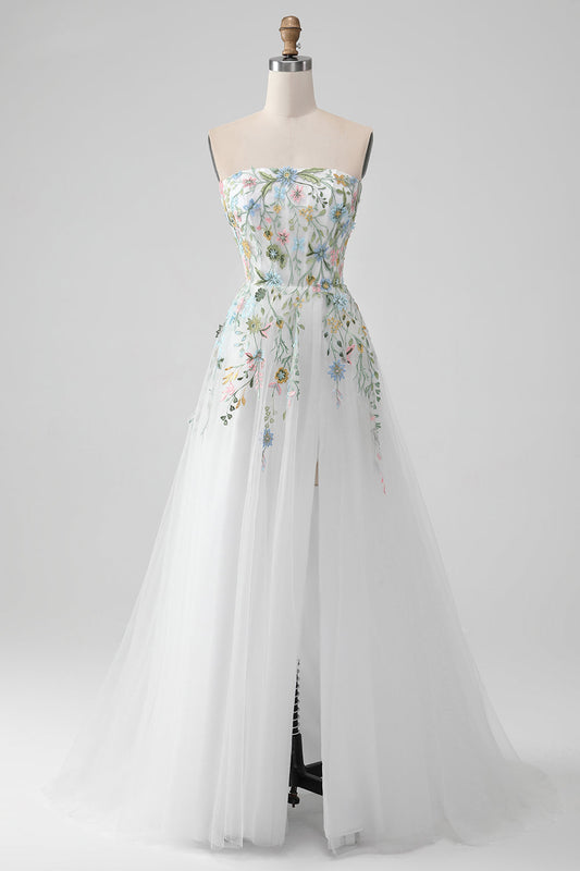 White A Line Strapless Front Slit Tulle Corset Wedding Dress With Embroidery Off Shoulder With Flower