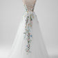 White A Line Strapless Front Slit Tulle Corset Wedding Dress With Embroidery Off Shoulder With Flower