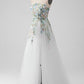 White A Line Strapless Front Slit Tulle Corset Wedding Dress With Embroidery Off Shoulder With Flower