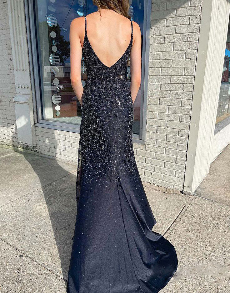 Black Sexy Elegant V Neck Long Prom Dress With Beading