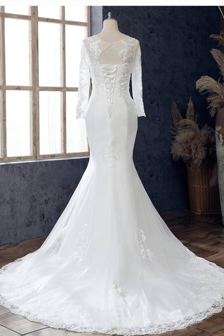 White Beaded Embroidered Round Neck Long Sleeve Wedding Dress Beautiful