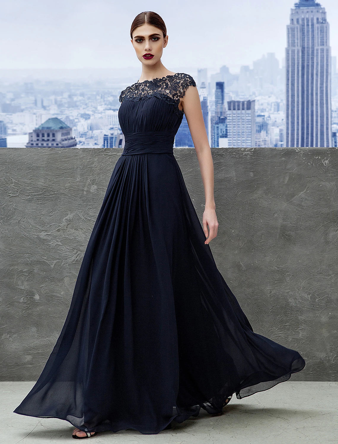 A-Line Evening Gown Empire Dress Wedding Guest Floor Length Short Sleeve Boat Neck Chiffon with Ruched Lace