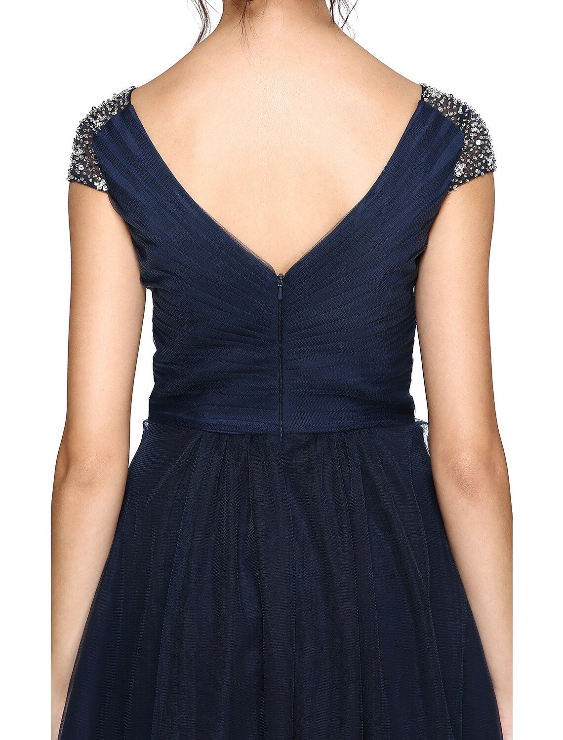 Sheath / Column Minimalist Dress Wedding Guest Asymmetrical Short Sleeve V Neck Tulle V Back with Criss Cross Pleats