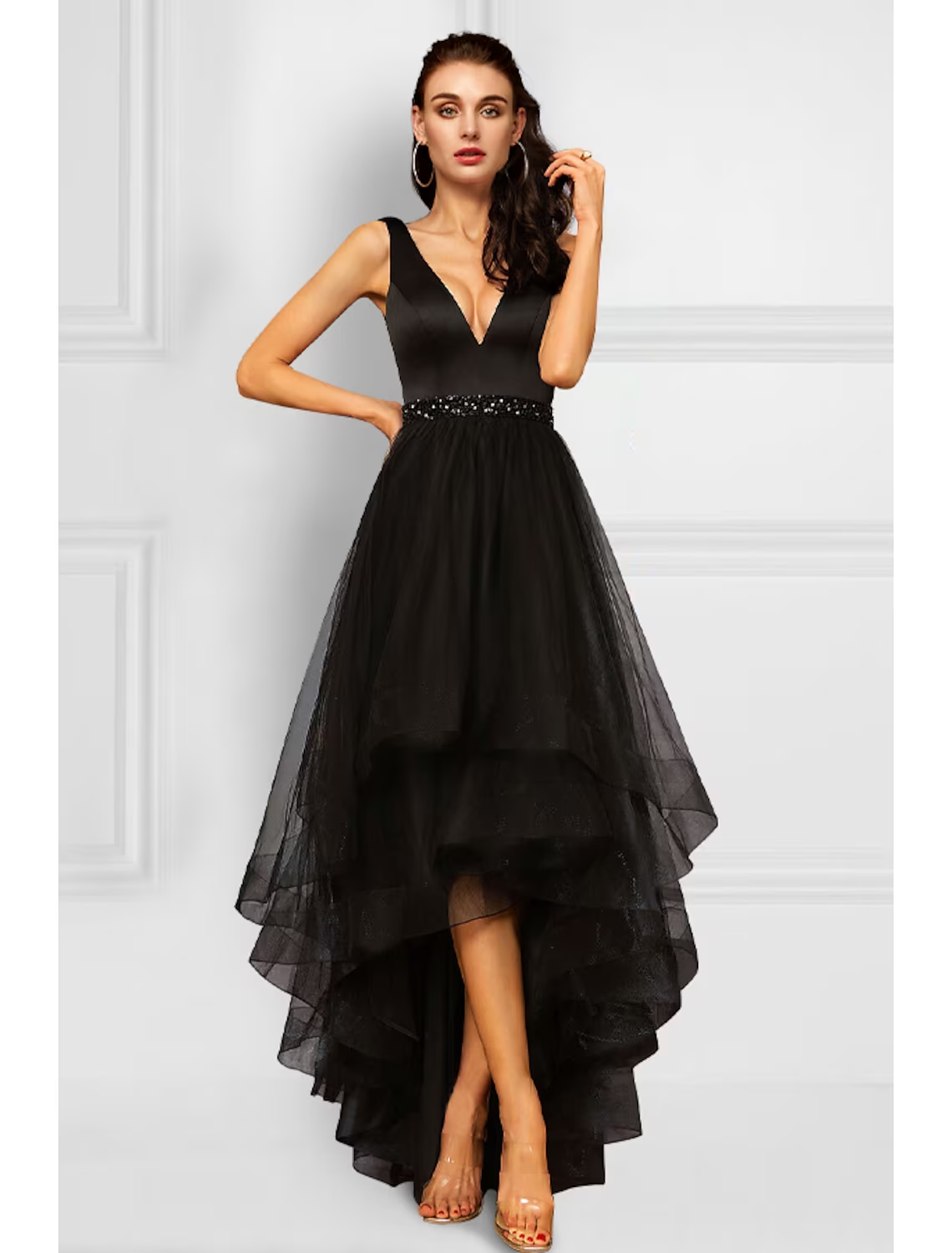 A-Line Cocktail Dresses Elegant Dress Party Wear Asymmetrical Sleeveless V Neck Organza with Rhinestone