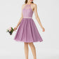 A-Line / Princess Halter Neck Knee Length Chiffon / Corded Lace Bridesmaid Dress with Sash