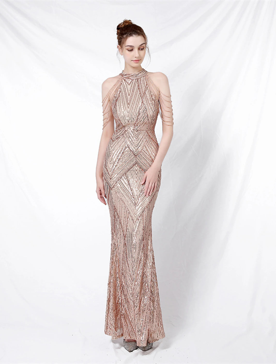 Mermaid / Trumpet Evening Gown Sparkle & Shine Dress Formal Floor Length Short Sleeve High Neck Sequined Backless with Crystals