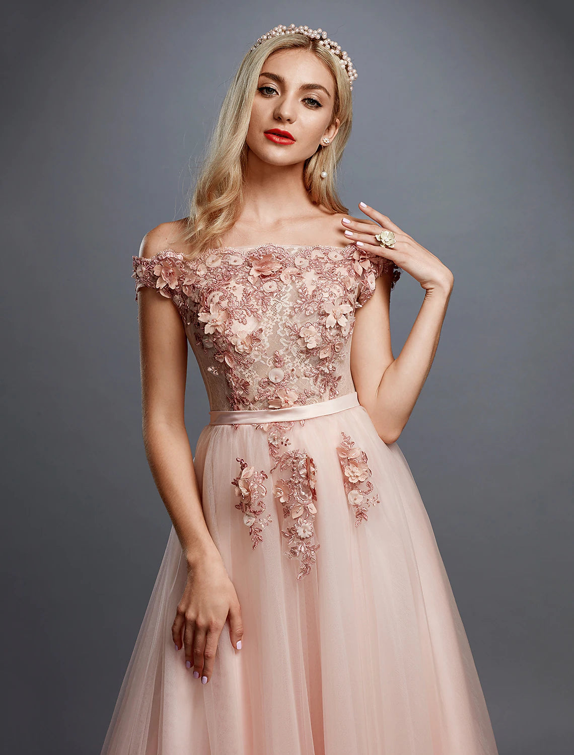 A-Line Floral Dress Wedding Guest Sweep / Brush Train Sleeveless Off Shoulder Tulle Over Lace