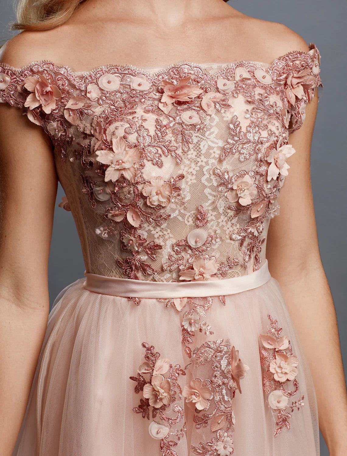 A-Line Floral Dress Wedding Guest Sweep / Brush Train Sleeveless Off Shoulder Tulle Over Lace