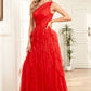 Bright Red Tulle Long Tiered Prom Dress One Shoulder Sexy