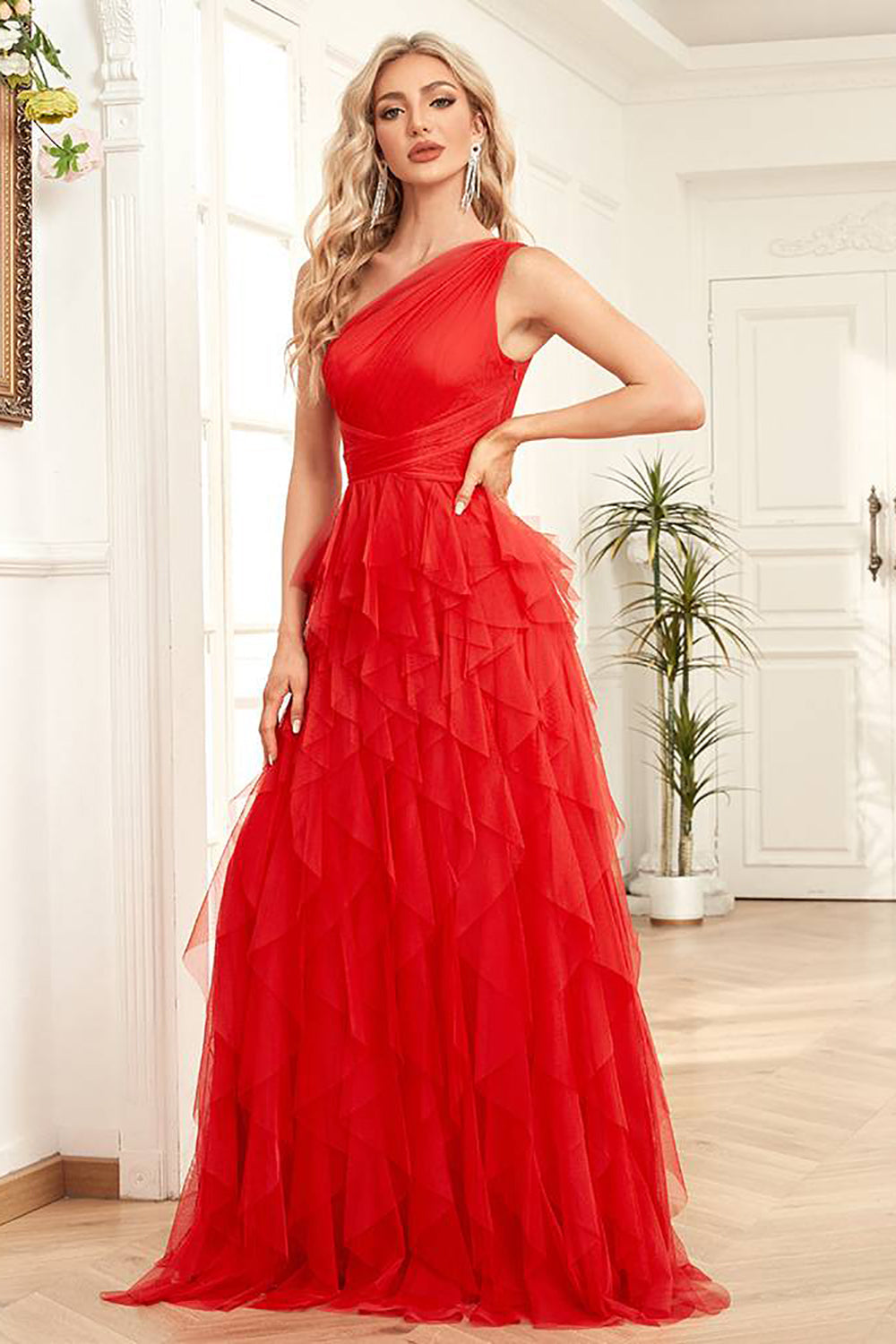 Bright Red Tulle Long Tiered Prom Dress One Shoulder Sexy