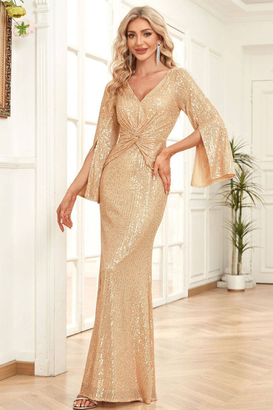 Sparkly Champange Mermaid Long Prom Dress With Long Sleeves Evening Dresses