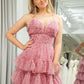 A-Line Spaghetti Straps Layered Tulle Prom Dress with Floral Printed Sexy