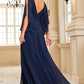 Elegant Navy Chiffon Long Prom Dress With Slit Sexy Evening Dresses