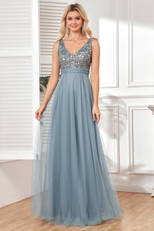 Sparkly Grey Blue Tulle Long Prom Dress Sparkly Evening Dresses