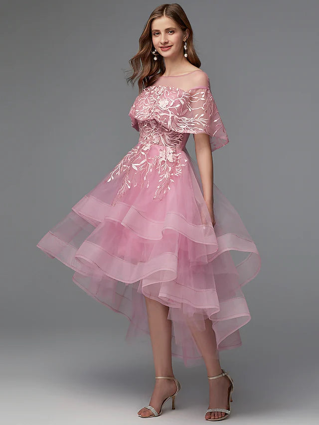 A-Line Elegant Dress Holiday Asymmetrical Sleeveless Illusion Neck Lace Tie Back with Lace