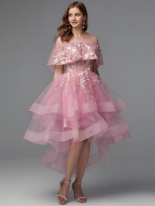 A-Line Elegant Dress Holiday Asymmetrical Sleeveless Illusion Neck Lace Tie Back with Lace