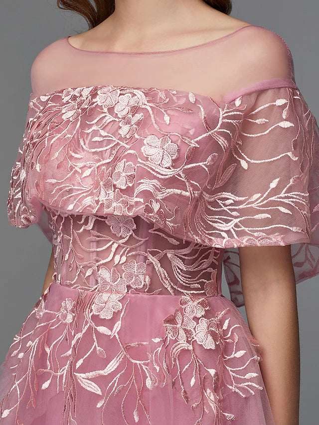 A-Line Elegant Dress Holiday Asymmetrical Sleeveless Illusion Neck Lace Tie Back with Lace