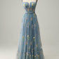 A-Line Square Neck Embroidered Prom Dress Floor Length With Flowers