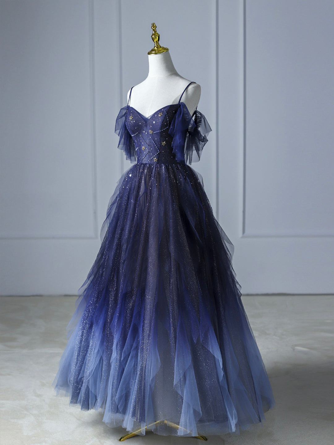 Blue Gradient Tulle Long Prom Dress Beautiful Spaghetti Strap Evening Party Dress Sexy