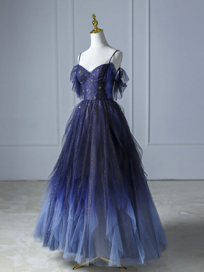 Blue Gradient Tulle Long Prom Dress Beautiful Spaghetti Strap Evening Party Dress Sexy