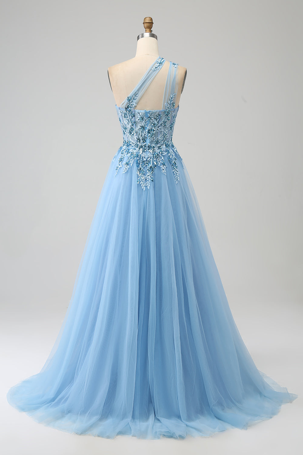 Light Blue A-Line One Shoulder Sequin Prom Dress with Appliques Floor Length