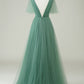 Eucalyptus A Line V Neck Floor Length Tulle Bridesmaid Dress Sexy Party Dresses