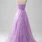 Lilac A Line Strapless Sparkly Sequin Long Prom Dress Off Shoulder Floor Length