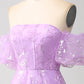 Lilac A Line Strapless Sparkly Sequin Long Prom Dress Off Shoulder Floor Length