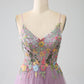 Mauve A-Line Spaghetti Straps Tulle Long Prom Dress With Embroidery With Flowers