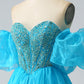 Blue Ball-Gown Sweetheart Beaded Corset Prom Dress with Detachable Sleeves Off Shoulder