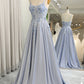 Glitter Grey Blue A-Line Spaghetti Straps Long Prom Dress With Appliques Sparkly Evening Dresses