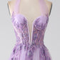 Purple A-Line Halter Neck Beaded Long Prom Dress V-neck With Slit