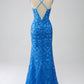 Mermaid Spaghetti Straps Deep V Neck Sequins Long Prom Dress Sexy Evening Dresses