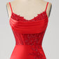 Red Mermaid Spaghetti Straps Satin Beaded Prom Dress with Slit Sexy Evening Dresses