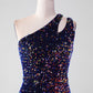 Black Mermaid One Shoulder Sequins Long Prom Dress with High Slit Sparkly Evening Dresses