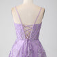 A-Line Spaghetti Straps Lilac Corset Prom Dress with Sequins Floor Length